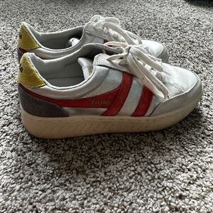 Gola White Sneakers with Red Stripes and Yellow Heel Accent